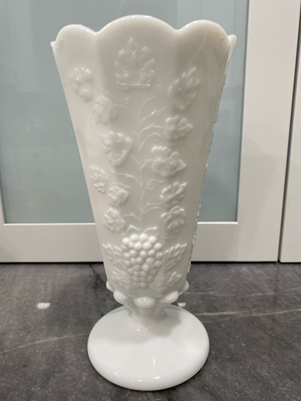 White Westmoreland Milk Glass Pedestal Vase with Panneled Grape & Floral Relief